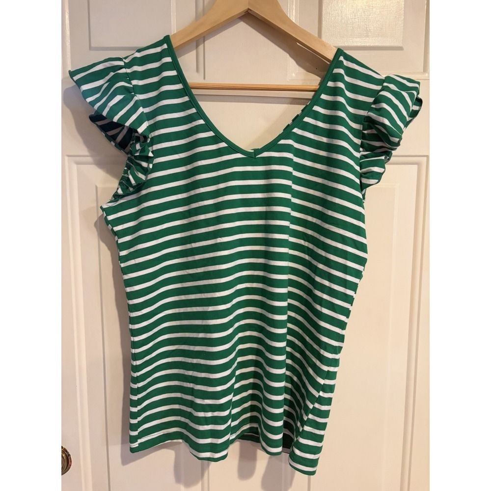 Green/White Striped Shirt Women's Size Large Ruffled Sleeves,Scoop Neck,Tie Back